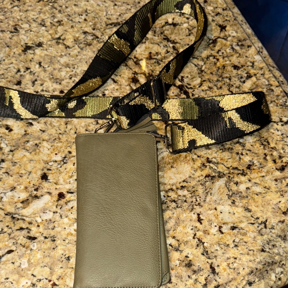 Olive Green Crossbody Wallet with Camouflage Strap